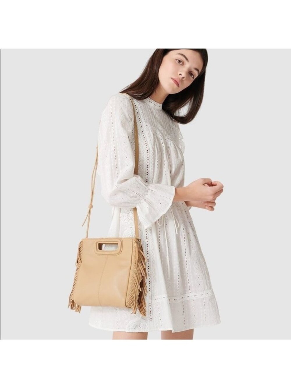 Maje 36 (4) Ravia Lace Scallop White Long Sleeve Mini Dress Coquette Soft Girl